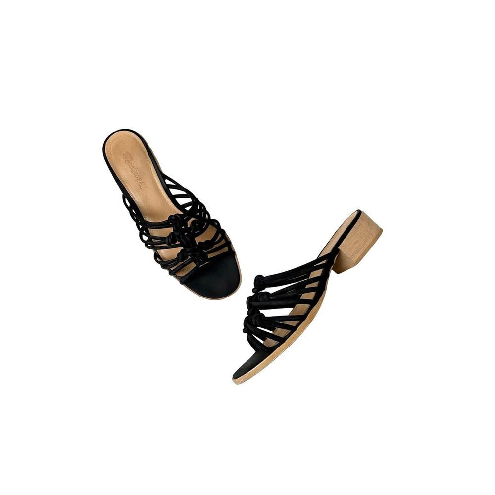 Madewell Black Leather Strappy Knot Sandals Wood Heel Size 8